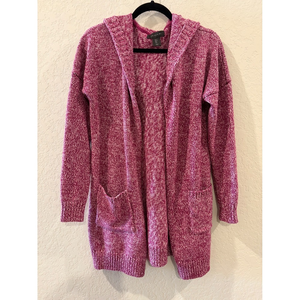 Tahari Magenta White Marled Hooded Cardigan Sweater Open Front Pockets Small